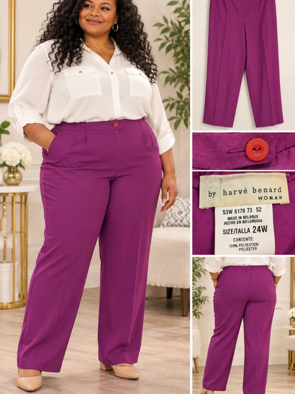 Hervé Benard Woman 24W Purple Straight Leg Dress Pants Elastic Back